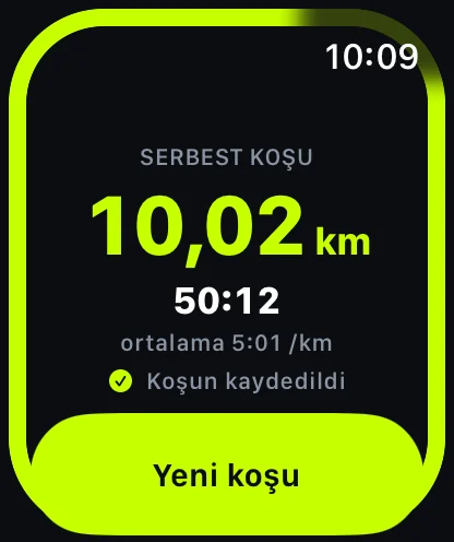 Apple Watch bitiş ekranı: serbest koşu 10,02 km, 50:12, koşun kaydedildi.