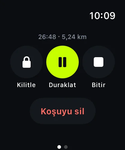 Apple Watch denetim sayfası: Kilitle, Duraklat, Bitir ve Koşuyu sil.