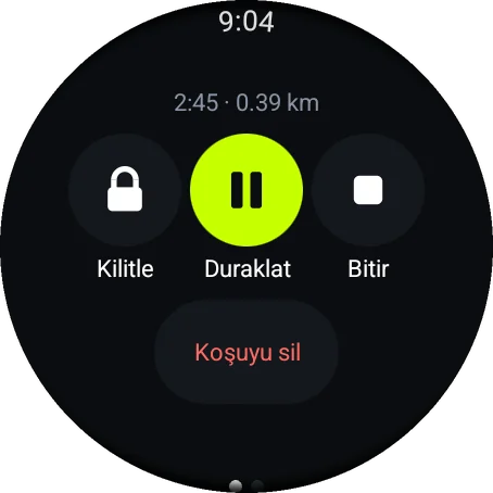 Wear OS denetim sayfası: Kilitle, Duraklat, Bitir ve Koşuyu sil.