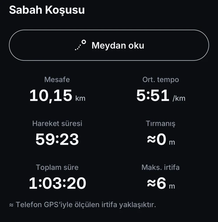 Koşu ayrıntısı: Sabah Koşusu, Meydan oku düğmesi, mesafe 10,15 km, ortalama tempo 5:51.